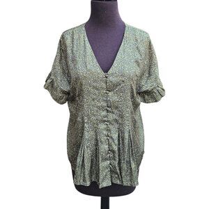 Anthropologie Dolan Olive Green Peplum Shirt Blouse Size M Button Front V Neck